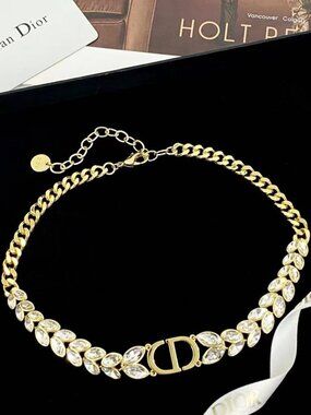 Dior 30 Montaigne Gold Chain Necklace with CD Logo and Crystal Accents